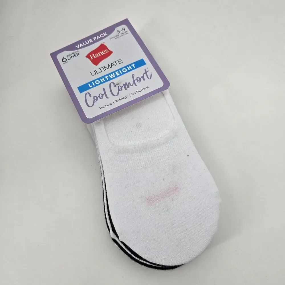 Hanes White Black Ultimate Cool Comfort Lightweight 6pk Liner Socks Womens‎ 5-9